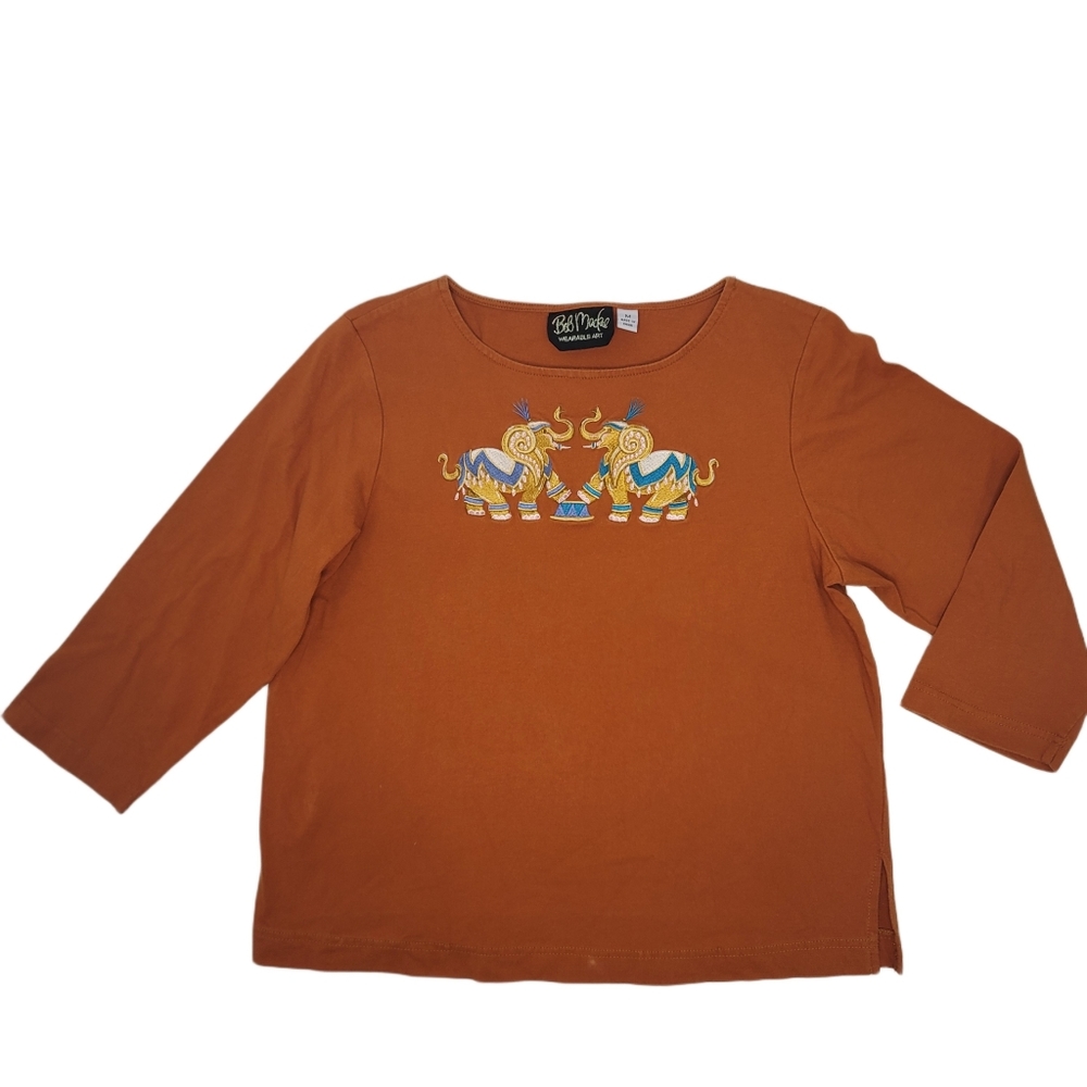 Bob Mackie wearable art orange elephant shirt with cropped sleeves size medium